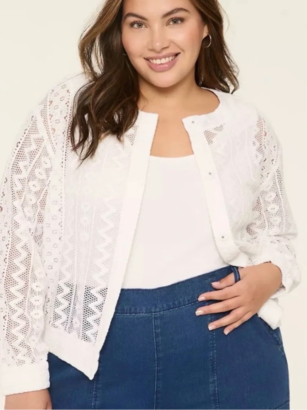 NWT Lane Bryant White Lace Openwork Snap-Front Cardigan
